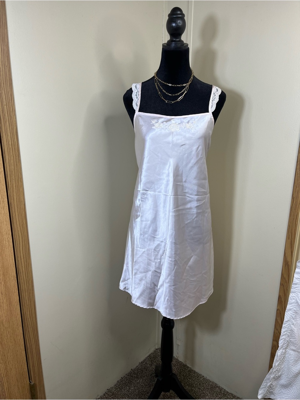 Light pink White Satin Lace-Trim Slip Chemise